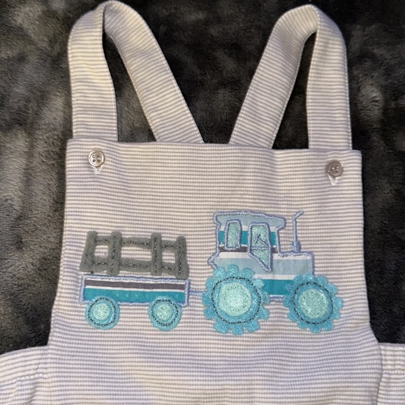 Squiggles by Charlie Grey Striped Tractor Appliqué Pima Cotton Bubble Size 6-9m - Picture 2 of 4